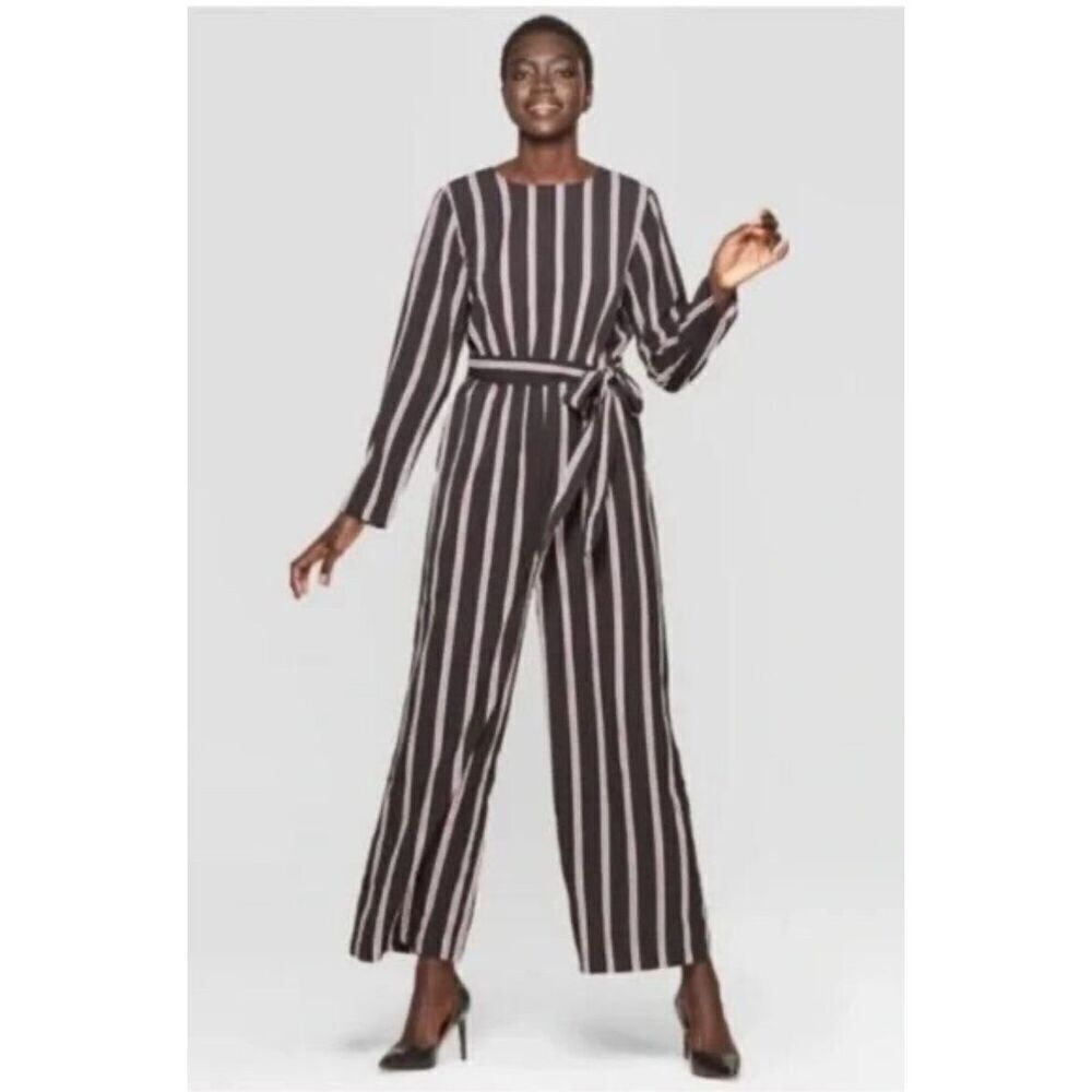Who What Wear Jumpsuit Women's Black Purple Large Striped‎ Long Sleeve Wide Leg